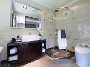 现代风格大卫生间实木浴室柜效果图 玻璃淋浴房图片