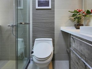 简约风格卫生间装修效果图 灰色实木浴室柜图片