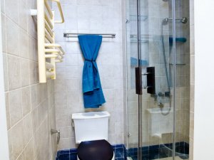 蓝色地中海风格卫生间效果图 浴室玻璃隔断图片