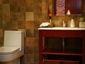 东南亚风情卫生间实木洗手台效果图 浴室马桶图片