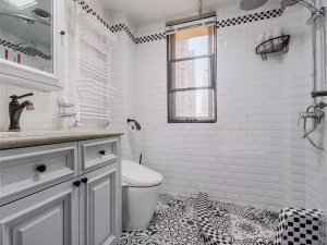 美式风格卫生间花色瓷砖效果图 淋浴间花洒图片